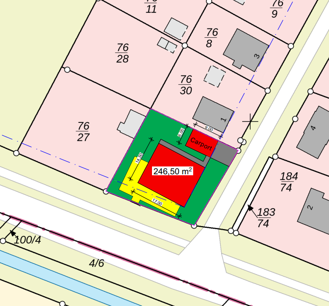 Lageplan möglicher Neubau (rot)
